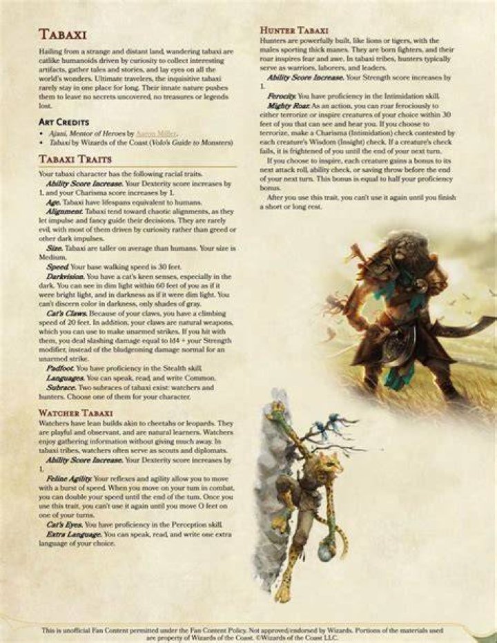 DnD Tabaxi 5e race guide names, traits, and class ideas