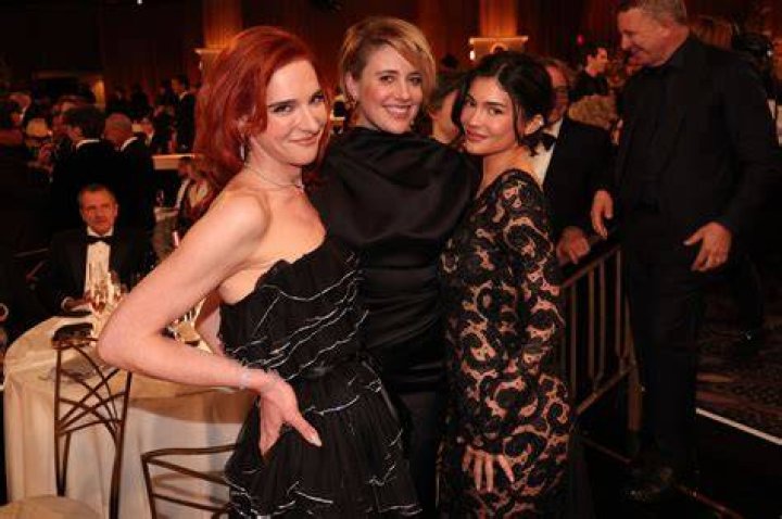 Hari Nef, Greta Gerwig and Kylie Jenner posing together Golden Globes